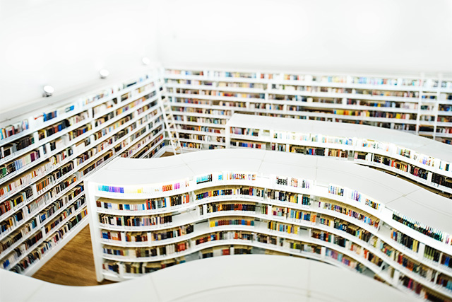 Blick auf eine Bibliothek von oben. Man erkennt viele Cover in geschwungenen Regalen.
