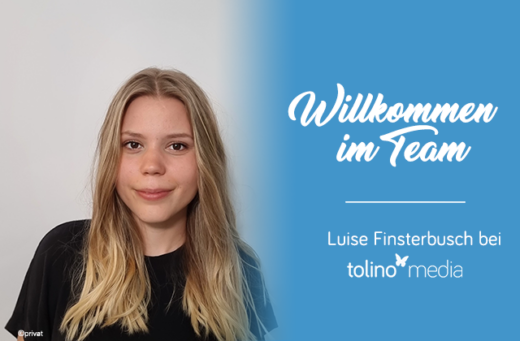 Foto von Luise Finsterbusch, daneben auf blauem Hintergrund mit weißer Schrift "Willkommen im Team"
