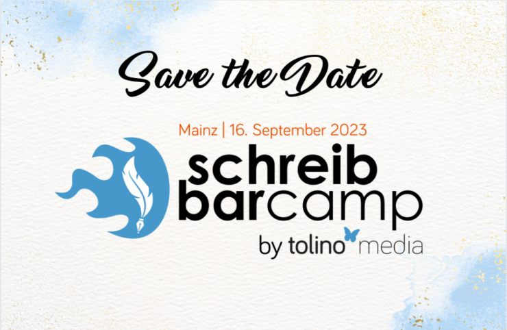 Blau-weiße Grafik, darauf die Aufschrift Save the date - Mainz 16. September 2023 Schreibbarcamp by tolino media mit blauem Barcamplogo, darin eine weiße Schreibfeder. Ankündigung für SchreibBarCamp 2023