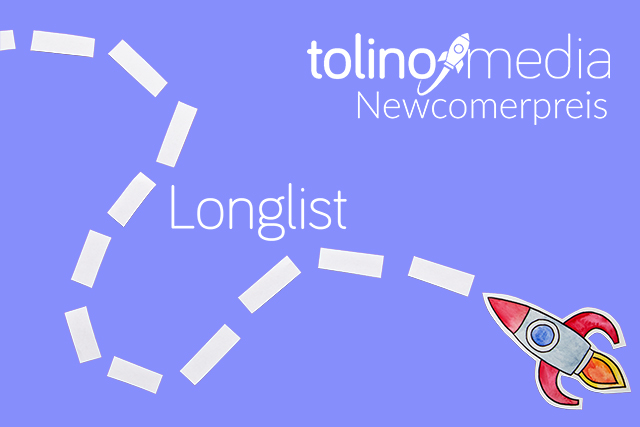 Violetter Hintergrund mit Logo des tolino media Newcomerpreises in weiß oben links, unten links die Aufschrift Longlist 2023 in weiß. Rechts fliegt eine kleine Papierrakete ins Bild
