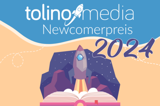 tolino media Newcomerpreis 2024 Logo weiß in blauer Welle darunter gezeichnete Rakete, die aus einem Buch startet