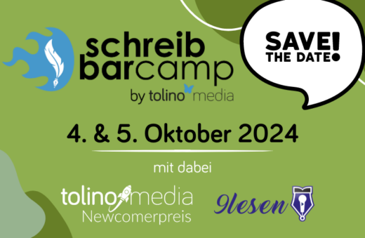 Grüne Fläche, darauf die Logos des SchreibBarCamps by tolino media, des tolino media Newcomerpreises und von 9lesen. Als Text "Save the Date: 4. und 5. Oktober 2024"