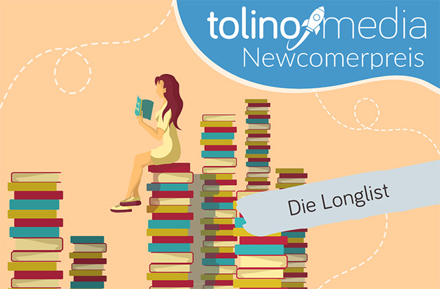 Beitragsbild: tolino media Newcomerpreis 2024 Longlist: Viele Bücherstapel, auf einem sitzt eine Frau und liest ein Buch