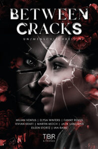 Buchcover Between Cracks: zwei Frauen hinter gebrochenen Glass